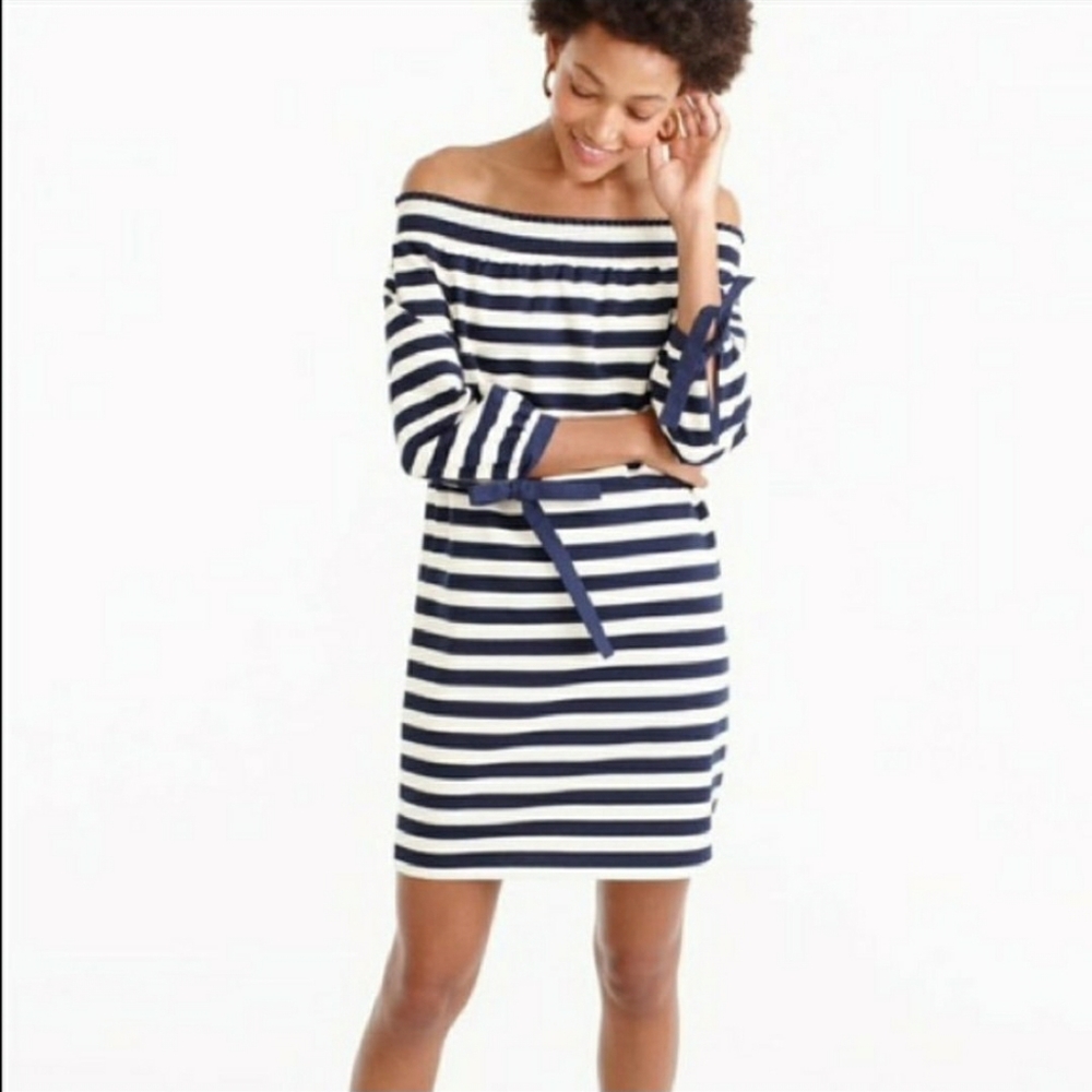 J. Crew Off the Shoulder Nautical Striped Dress